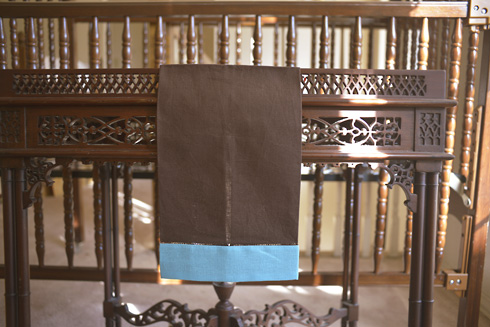 Multicolored Hemstitch Guest Towel. Fondue Fudge & Capri Blue